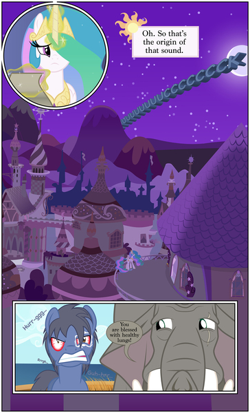 Size: 2000x3301 | Tagged: safe, artist:mlp-silver-quill, derpibooru import, princess celestia, oc, oc:clutterstep, oc:imani, alicorn, earth pony, elephant, pony, comic:imani, bloodshot eyes, canterlot, curse, day, gritted teeth, healthy lungs, night, ocean, scroll