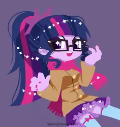 Size: 800x848 | Tagged: safe, artist:snow angel, derpibooru import, sci-twi, twilight sparkle, equestria girls, clothes, cute, glasses, looking at you, nail polish, open mouth, ponytail, purple background, scarf, simple background, skirt, solo, starry eyes, stockings, thigh highs, twiabetes, wingding eyes