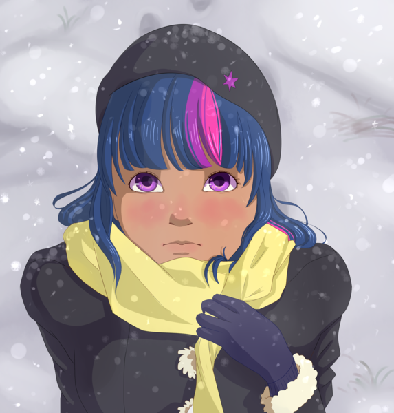 Size: 2480x2598 | Tagged: artist:chiweee, clothes, cute, dark skin, derpibooru import, female, gloves, human, humanized, safe, scarf, snow, snowfall, solo, twiabetes, twilight sparkle