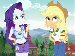 Size: 950x720 | Tagged: suggestive, derpibooru import, edit, edited edit, edited screencap, editor:ah96, editor:slayerbvc, screencap, applejack, rarity, equestria girls, legend of everfree, belly button, breast edit, breasts, busty applejack, busty rarity, camp everfree logo, camp everfree outfits, cleavage, clothes, daisy dukes, midriff, shorts