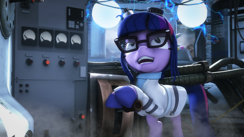 Size: 2560x1440 | Tagged: safe, artist:redaceofspades, derpibooru import, sci-twi, twilight sparkle, ponified, pony, unicorn, equestria girls, 3d, clothes, equestria girls ponified, hair bun, lab coat, laboratory, laughing, mad scientist, solo, source filmmaker, this will end in science