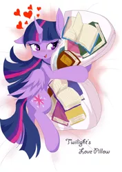Size: 1080x1528 | Tagged: alicorn, artist:definisher, bed, bibliophile, blushing, body pillow, book, cargo ship, curved horn, derpibooru import, female, floppy ears, heart, safe, shipping, solo, that pony sure does love books, twibook, twilight sparkle, twilight sparkle (alicorn)