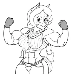 Size: 826x844 | Tagged: abs, alternate version, anthro, anthro oc, armpits, artist:matchstickman, biceps, clothes, derpibooru import, flexing, gloves, jeans, lidded eyes, midriff, monochrome, muscles, oc, oc:honey suckle, pants, pose, safe, solo, unofficial characters only