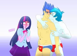 Size: 1600x1163 | Tagged: suggestive, artist:supermaxx92, derpibooru import, flash sentry, thunderbass, twilight sparkle, human, equestria girls, bisexual, blood, blushing, breasts, briefs, clothes, female, flashlight, fujoshi, gay, gay in front of girls, male, nosebleed, shipper on deck, shipping, speedo, thunderflash, twilight the shipper, underwear, yaoi fangirl