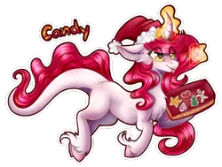 Size: 746x563 | Tagged: safe, artist:monogy, derpibooru import, oc, oc:candy drop, unofficial characters only, pony, unicorn, cookie, curved horn, female, food, gingerbread man, magic, mare, simple background, solo, transparent background, unshorn fetlocks