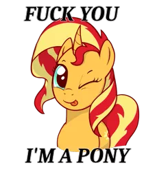 Size: 943x1029 | Tagged: safe, artist:zharkaer, derpibooru import, sunset shimmer, pony, unicorn, bust, captain obvious, curved horn, cute, fuck you, one eye closed, shimmerbetes, simple background, solo, subversive kawaii, tongue out, transparent background, vulgar, wink