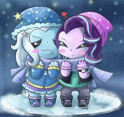 Size: 1280x1209 | Tagged: safe, artist:kingkero, derpibooru import, starlight glimmer, trixie, equestria girls, beanie, blush sticker, blushing, clothes, cute, diatrixes, duo, female, glimmerbetes, hat, heart, lesbian, scarf, shared clothing, shared scarf, shipping, smiling, snow, startrix, watch, winter