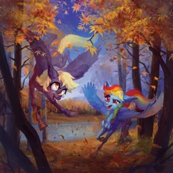 Size: 3732x3732 | Tagged: safe, artist:natanatfan, derpibooru import, derpy hooves, rainbow dash, pegasus, pony, autumn, both cutie marks, color porn, duo, floppy ears, flying, forest, hoers, hooves, leaves, mountain, open mouth, river, scenery, smiling, spread wings, tongue out, wings