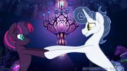 Size: 1284x720 | Tagged: artist:shootingstaryt, artist:spectrumnightyt, derpibooru import, duo, eye contact, female, holding hooves, looking at each other, magical lesbian spawn, male, my little pony: the movie, next generation, oc, oc:nebula spark, oc:spectrum night, offspring, parent:rarity, parent:soarin', parents:soarity, parents:tempestlight, parent:tempest shadow, parent:twilight sparkle, safe, seaponified, seapony (g4), seaquestria, species swap, unofficial characters only, watermark