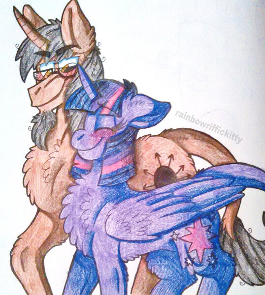 Size: 1024x1141 | Tagged: safe, artist:rainbowriffickitty, derpibooru import, discord, twilight sparkle, twilight sparkle (alicorn), ponified, alicorn, pony, blushing, chest fluff, discolight, female, male, shipping, straight, traditional art