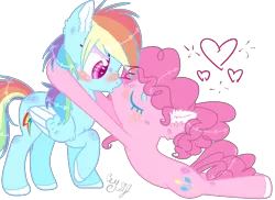 Size: 1044x761 | Tagged: safe, artist:dashkatortik12222222, derpibooru import, pinkie pie, rainbow dash, earth pony, pegasus, pony, ear fluff, eyes closed, female, heart, kissing, lesbian, mare, pinkiedash, raised hoof, shipping, simple background, transparent background