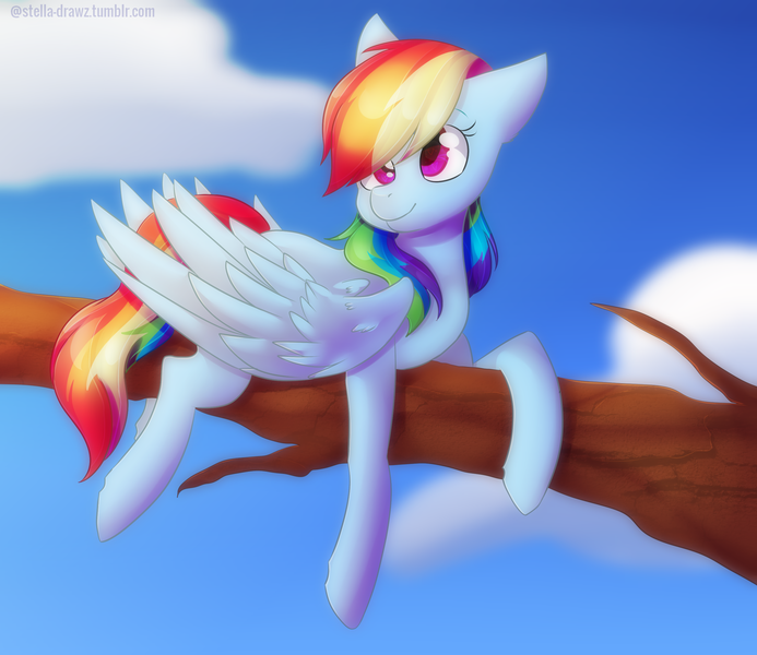 Size: 2592x2245 | Tagged: artist:stella-drawz, cloud, derpibooru import, rainbow dash, safe, solo, tree, tree branch