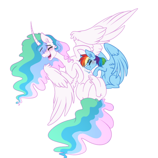 Size: 1000x1000 | Tagged: safe, artist:saphi-boo, derpibooru import, princess celestia, rainbow dash, alicorn, pegasus, pony, curved horn, dashlestia, eyes closed, female, lesbian, mare, shipping, simple background, sitting, spread wings, transparent background, wings