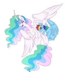 Size: 1000x1000 | Tagged: safe, artist:saphi-boo, derpibooru import, princess celestia, rainbow dash, alicorn, pegasus, pony, curved horn, dashlestia, eyes closed, female, lesbian, mare, shipping, simple background, sitting, spread wings, transparent background, wings