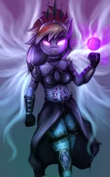 Size: 562x908 | Tagged: anthro, armor, artist:kairaanix, belly button, crossover, derpibooru import, diablo, diablo 3, female, garter, glowing eyes, looking at you, midriff, rainbow dash, safe, solo, wizard