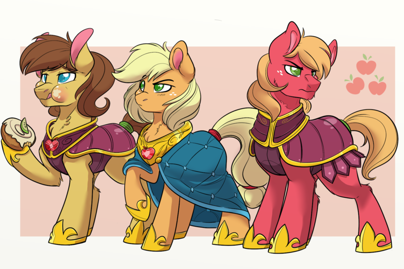 Size: 800x533 | Tagged: safe, artist:itstaylor-made, derpibooru import, applejack, big macintosh, caramel, earth pony, pony, comic:twilight's reign, alternate hairstyle, armor, cape, caramel is awesome, clothes, eating, element of honesty, female, guard, male, mare, raised eyebrow, raised hoof, short mane, simple background, stallion, trio