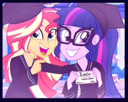 Size: 1000x800 | Tagged: dead source, safe, artist:wubcakeva, derpibooru import, sci-twi, sunset shimmer, twilight sparkle, equestria girls, clothes, everton, glasses, graduation, graduation cap, hat, looking at you, smiling