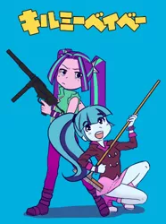 Size: 372x500 | Tagged: safe, artist:amazingpuffhair, derpibooru import, aria blaze, sonata dusk, equestria girls, rainbow rocks, broom, clothes, duo, gun, katakana, kill me baby, m3 grease gun, simple background, smiling, weapon