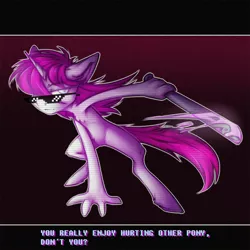 Size: 1280x1280 | Tagged: semi-grimdark, artist:lonerdemiurge_nail, derpibooru import, oc, oc:cheesy-shades, unofficial characters only, anthro, unicorn, 80s, blood, caption, deal with it, female, glasses, hotline miami, machete, pink blood, solo