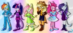 Size: 4050x1876 | Tagged: anthro, applejack, artist:mysteryponyfan, bunnified, bunny pie, cat, catified, coyote, derpibooru import, fluttershy, fox, hedgehog, mane six, pinkie pie, pronghorn, rabbit, rainbow dash, rarity, safe, sonicified, sonic the hedgehog (series), species swap, twilight cat, twilight sparkle, vixen