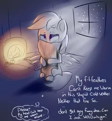 Size: 1900x2048 | Tagged: artist:a8f12, covering, cute, derpibooru import, dialogue, female, fire, fireplace, night, pillow, rainbow dash, safe, solo, window, winter