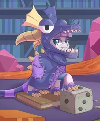 Size: 1650x2000 | Tagged: safe, artist:tikrs007, derpibooru import, maud pie, earth pony, pony, uncommon bond, board game, book, clothes, costume, cute, dice, dragon costume, dragon pit, female, frown, lidded eyes, looking at you, mare, maudabetes, raised hoof, solo