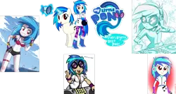 Size: 2785x1485 | Tagged: safe, artist:lisan1997, artist:livesmutanon, artist:lunchie, artist:mit-boy, artist:the-butch-x, artist:vector-brony, derpibooru import, edit, vinyl scratch, pony, unicorn, equestria girls, armpits, belly button, best pony, collage, cutie mark, cutie mark on equestria girl, devil horn (gesture), female, glowing horn, headphones, hooves, horn, levitation, logo, logo edit, magic, mare, open mouth, red eyes, simple background, smiling, solo, sunglasses, teeth, telekinesis, text, transparent background, turntable, vector