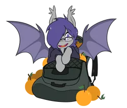 Size: 1140x968 | Tagged: safe, artist:egophiliac, derpibooru import, oc, oc:dusk rhine, unofficial characters only, bat pony, 2018 community collab, derpibooru community collaboration, backpack, batpack, clothes, cute, food, fruit, glasses, hair over one eye, happy, hoodie, looking at you, male, orange, simple background, solo, spread wings, stallion, transparent background, wings