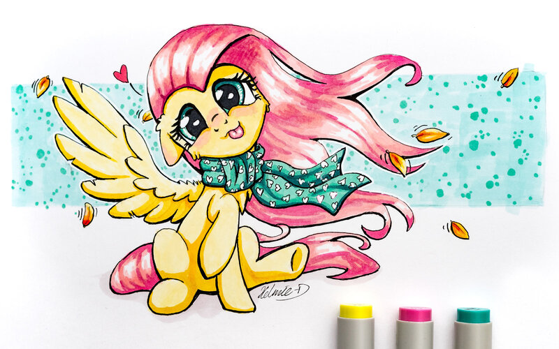 Size: 1600x1000 | Tagged: safe, artist:helmie-art, derpibooru import, fluttershy, pegasus, pony, :p, chest fluff, clothes, floppy ears, head tilt, heart, leaves, looking at you, marker, marker drawing, one wing out, raised hoof, scarf, silly, silly pony, sitting, solo, tongue out, traditional art, windswept hair, windswept mane