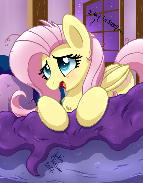 Size: 900x1150 | Tagged: safe, artist:joakaha, derpibooru import, fluttershy, pegasus, pony, bed, blanket, chest fluff, cute, dialogue, engrish, folded wings, shyabetes, solo, wings