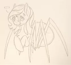 Size: 1556x1417 | Tagged: artist:couchcrusader, chest fluff, comic:children of everfree, derpibooru import, female, fluttershy, hooves to the chest, looking at you, monochrome, monster pony, multiple eyes, original species, safe, solo, species swap, speech bubble, spiderpony, spidershy, traditional art