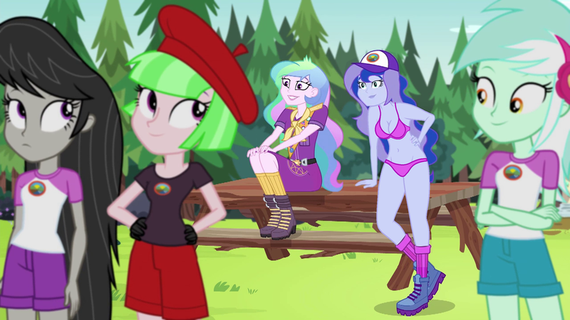 Size: 1280x720 | Tagged: suggestive, derpibooru import, edit, edited edit, edited screencap, editor:ah96, editor:slayerbvc, screencap, drama letter, lyra heartstrings, octavia melody, princess celestia, princess luna, watermelody, equestria girls, legend of everfree, bra, breast edit, breasts, camp everfree outfits, cleavage, clothes, panties, pink underwear, principal celestia, underwear, underwear edit, vice principal luna