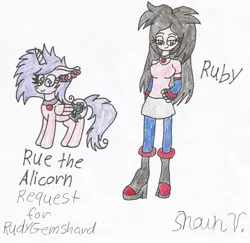 Size: 1609x1565 | Tagged: alicorn, alicorn oc, artist:shawnventura, boots, clothes, cute, derpibooru import, high heel boots, jewelry, necklace, oc, oc:ruby, oc:rue, pantyhose, request, safe, shoes, skirt, traditional art, unofficial characters only