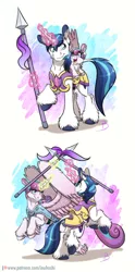 Size: 900x1819 | Tagged: safe, artist:inuhoshi-to-darkpen, derpibooru import, princess flurry heart, shining armor, alicorn, pony, unicorn, armor, beard, crystal guard armor, facial hair, father and daughter, feathered fetlocks, female, flurry heart pearl of battle, glowing horn, leonine tail, like father like daughter, looking at each other, magic, male, mare, older, older flurry heart, patreon, patreon logo, simple background, smiling, sparring, spear, stallion, underhoof, unshorn fetlocks, weapon, white background