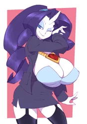 Size: 717x1023 | Tagged: artist:bigdad, big breasts, breasts, busty rarity, cleavage, clothes, derpibooru import, female, fire ruby, gem, horned humanization, huge breasts, human, humanized, pony coloring, rarity, ruby, smiling, solo, solo female, suggestive