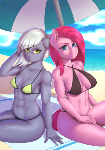 Size: 1750x2500 | Tagged: suggestive, artist:souladdicted, derpibooru import, limestone pie, pinkie pie, anthro, earth pony, art pack:summer passion pack, abs, art pack, attitude, beach, beach babe, belly button, bikini, bikini babe, breasts, clothes, duo, duo female, female, looking at you, mare, pinkamena diane pie, sisters, stupid sexy limestone pie, stupid sexy pinkie, swimsuit, water