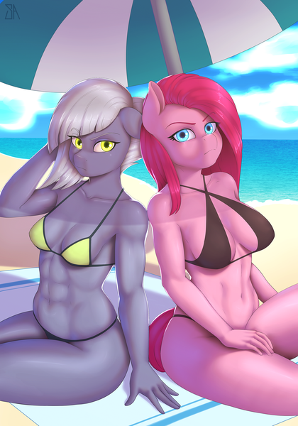 Size: 1750x2500 | Tagged: suggestive, artist:souladdicted, derpibooru import, limestone pie, pinkie pie, anthro, earth pony, art pack:summer passion pack, abs, art pack, attitude, beach, beach babe, bikini, bikini babe, breasts, clothes, duo, duo female, female, looking at you, mare, pinkamena diane pie, sisters, stupid sexy limestone pie, stupid sexy pinkie, swimsuit, this will end in death