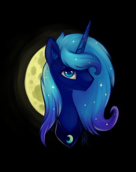 Size: 1973x2500 | Tagged: safe, artist:dragonataxia, derpibooru import, princess luna, alicorn, pony, bust, dark background, ear fluff, moon, portrait, s1 luna, simple background, smiling, solo