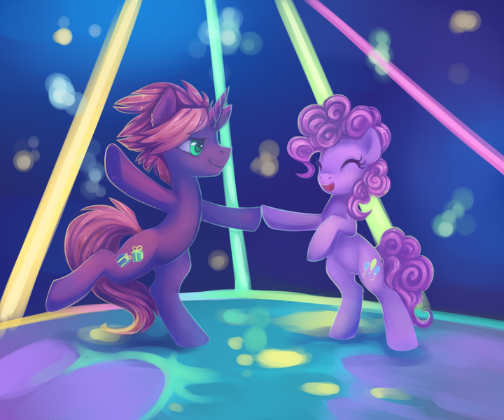 Size: 1800x1500 | Tagged: safe, artist:dragonataxia, derpibooru import, pinkie pie, oc, earth pony, pony, unicorn, dance floor, dancing, duo, smiling