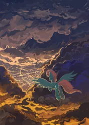Size: 1240x1754 | Tagged: safe, artist:dragonataxia, derpibooru import, lightning dust, pegasus, pony, cloud, cloudy, flying, rear view, sky, solo, spread wings, wings