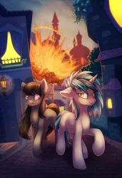 Size: 685x1000 | Tagged: safe, artist:dragonataxia, derpibooru import, octavia melody, vinyl scratch, earth pony, pony, unicorn, fanfic, canterlot, duo, explosion, fanfic art, my roommate is a vampire, smiling