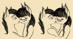 Size: 2813x1509 | Tagged: safe, artist:lunebat, derpibooru import, oc, oc:lunette, oc:silver wind, unofficial characters only, bat pony, blushing, colt, female, kissing, male, mare, monochrome, shipping, silvette, sketch