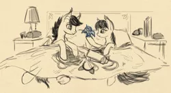 Size: 1607x879 | Tagged: safe, artist:lunebat, derpibooru import, oc, oc:lunette, oc:silver wind, unofficial characters only, bat pony, bed, bedroom, blanket, colt, female, male, mare, monochrome, plushie, silvette, sketch