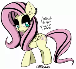 Size: 2220x2009 | Tagged: safe, artist:comet0ne, derpibooru import, fluttershy, pegasus, pony, dialogue, digital art, ear piercing, earring, female, goth, hilarious in hindsight, jewelry, lidded eyes, mare, my little pony, piercing, simple background, sketch, white background