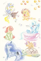 Size: 1713x2537 | Tagged: apple, applejack, artist:lost marbles, carrot top, clothes, colored pencil drawing, cup, derpibooru import, derpy hooves, envelope, food, golden harvest, mail, mailbag, mailmare, princess luna, safe, scootaloo, sea turtle, sweater, teacup, traditional art, trixie, turtle, uniform