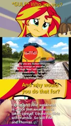 Size: 720x1280 | Tagged: safe, derpibooru import, sunset shimmer, equestria girls, comic, conspiracy theory, edgy, fourth wall, hasbro vs mattel, mask, mattel, op is on drugs, thomas the tank engine, wat