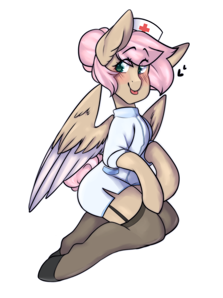 Size: 1500x2000 | Tagged: safe, artist:mimisaurusrex, derpibooru import, oc, oc:mimi bun, unofficial characters only, pony, blushing, clothes, colored wings, colored wingtips, dress, female, garters, hat, mare, nurse outfit, shoes, simple background, stockings, thigh highs, tongue out, transparent background