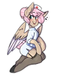 Size: 1500x2000 | Tagged: safe, artist:mimisaurusrex, derpibooru import, oc, oc:mimi bun, unofficial characters only, pony, blushing, clothes, colored wings, colored wingtips, dress, female, garters, hat, mare, nurse outfit, shoes, simple background, stockings, thigh highs, tongue out, transparent background