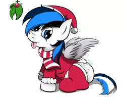 Size: 1000x800 | Tagged: safe, artist:cloufy, derpibooru import, oc, oc:waver, unofficial characters only, christmas, clothes, coat, cutie mark, hat, holiday, holly, holly mistaken for mistletoe, santa hat, scarf, sitting, socks, tongue out, wings, ych result