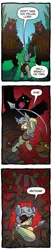 Size: 358x1763 | Tagged: safe, artist:tonyfleecs, derpibooru import, idw, steela oresdotter, bear, earth pony, lumber bear, pony, legends of magic, spoiler:comic, spoiler:comiclom8, clothes, comic, female, fight, mare, official comic, red background, simple background, spear, speech bubble, triskelion, weapon